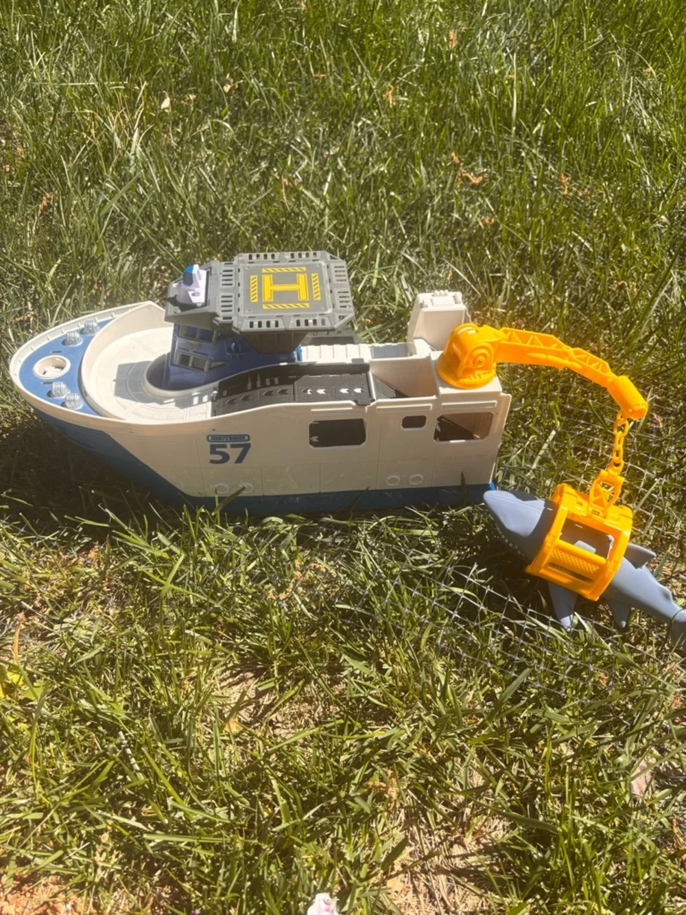 Mattel Blue White and Yellow Rescue Boat Toy with Shark Accessory